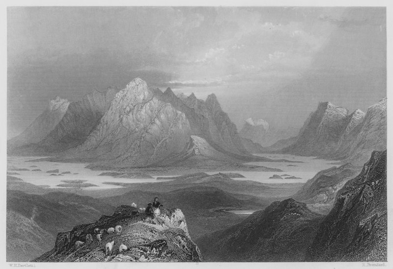 Scena ze wzgórza Cloonacartin, Connemara (rycina) autorstwa William Henry (after) Bartlett