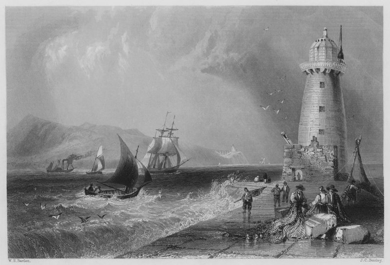 Latarnia na ścianie południowej, w oddali wzgórze Howth (rycina) autorstwa William Henry (after) Bartlett
