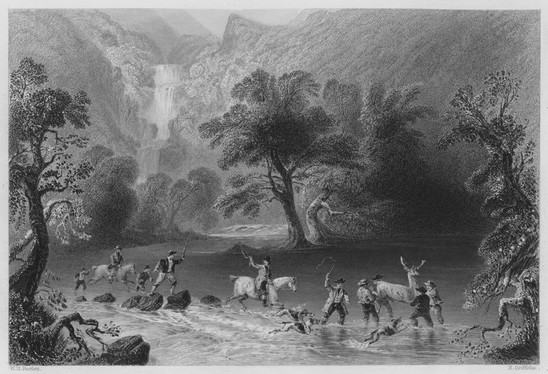 Zabranie Jelenia, niedaleko Derrycunnihy Cascade, Killarney (rycina) autorstwa William Henry (after) Bartlett
