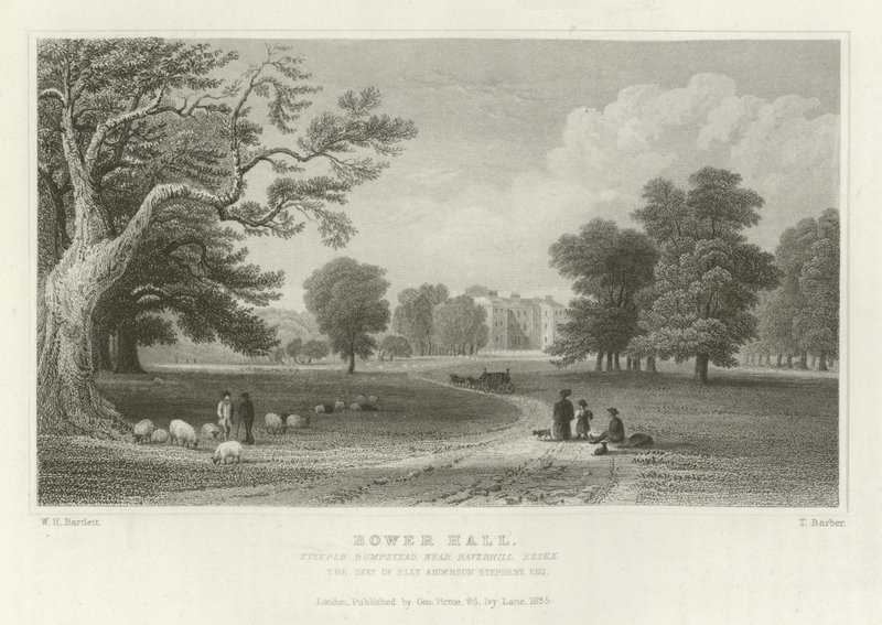 Bower Hall, Steeple Bumpstead, niedaleko Haverhill, Essex, siedziba Elly Anderson Stephens, Esquire autorstwa William Henry Bartlett