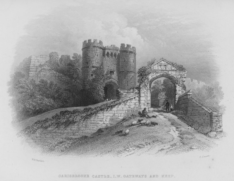 Zamek Carisbrooke, Wyspa Wight, Bramy i Twierdza (grawerowanie) autorstwa William Henry Bartlett