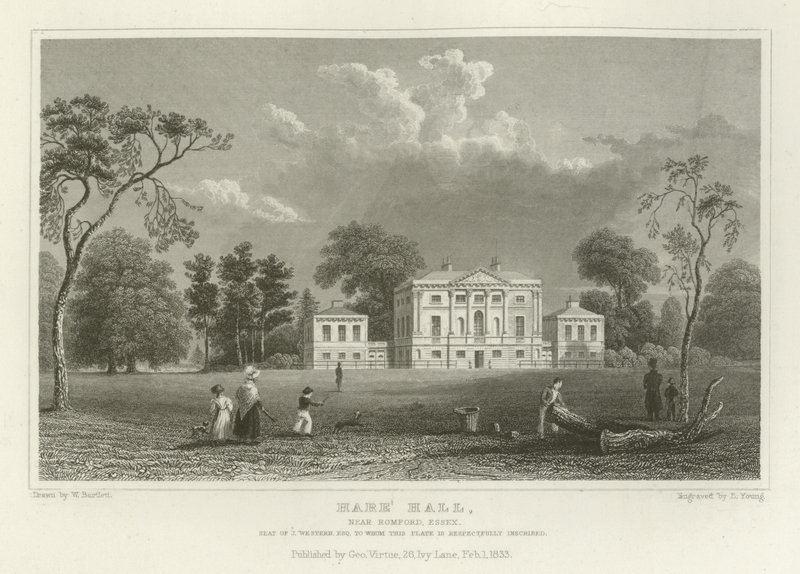 Hare Hall, niedaleko Romford, Essex, siedziba J Western, Esquire autorstwa William Henry Bartlett