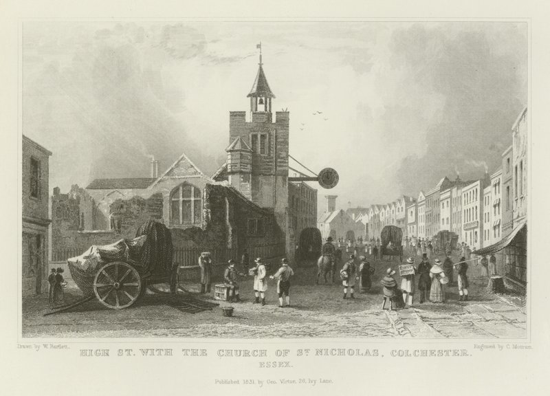 Główna ulica z kościołem św. Mikołaja, Colchester, Essex autorstwa William Henry Bartlett