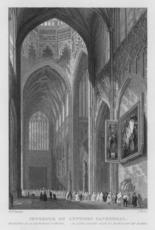 Wnętrze katedry w Antwerpii (grafika) autorstwa William Henry Bartlett