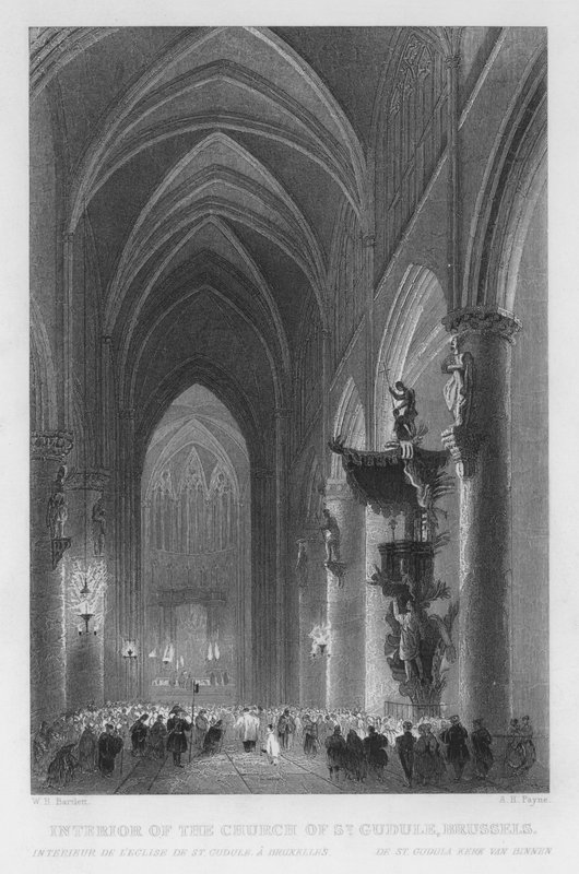 Wnętrze kościoła św Gudule, Bruksela (rycina) autorstwa William Henry Bartlett