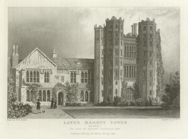 Layer Marney Tower, Essex, siedziba Mathewsa Corsellisa, Esquire autorstwa William Henry Bartlett