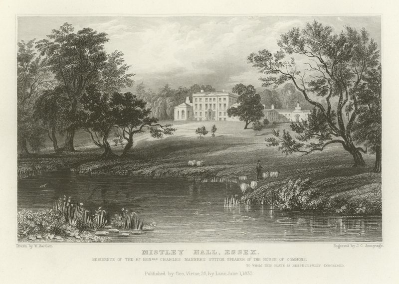 Mistley Hall, Essex, rezydencja czcigodnego Charlesa Mannersa Suttona, przewodniczącego Izby Gmin. autorstwa William Henry Bartlett