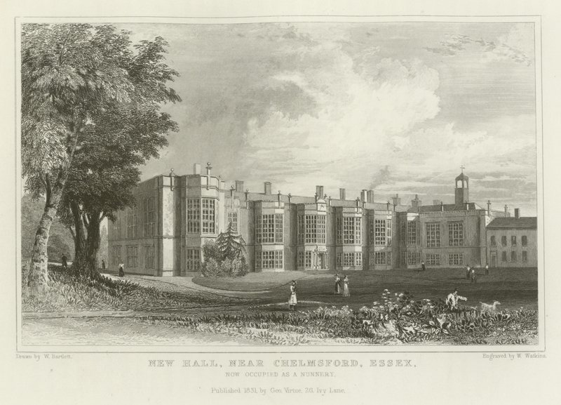 New Hall, niedaleko Chelmsford, Essex, obecnie zajmowany jako klasztor zakonny autorstwa William Henry Bartlett
