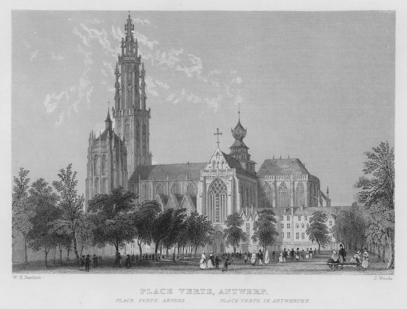 Place Verte, Antwerpia (grawerowanie) autorstwa William Henry Bartlett
