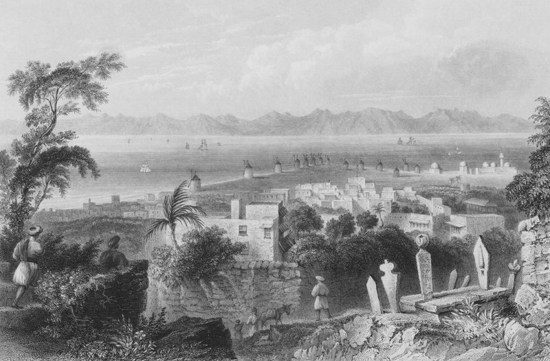Rodos, starożytny Dodanim, z kanałem między wyspą a Azją Mniejszą autorstwa William Henry Bartlett