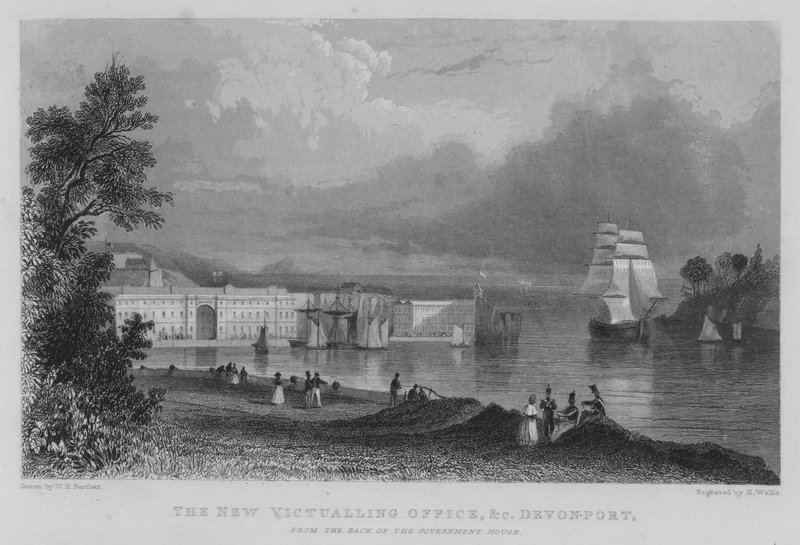 Nowe biuro zaopatrzenia itp., Devonport, z tyłu domu rządowego (rycina) autorstwa William Henry Bartlett