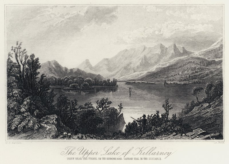 Górne jezioro Killarney, wykonane w pobliżu tunelu na drodze Kenmare, w oddali Carran Tual (rycina) autorstwa William Henry Bartlett