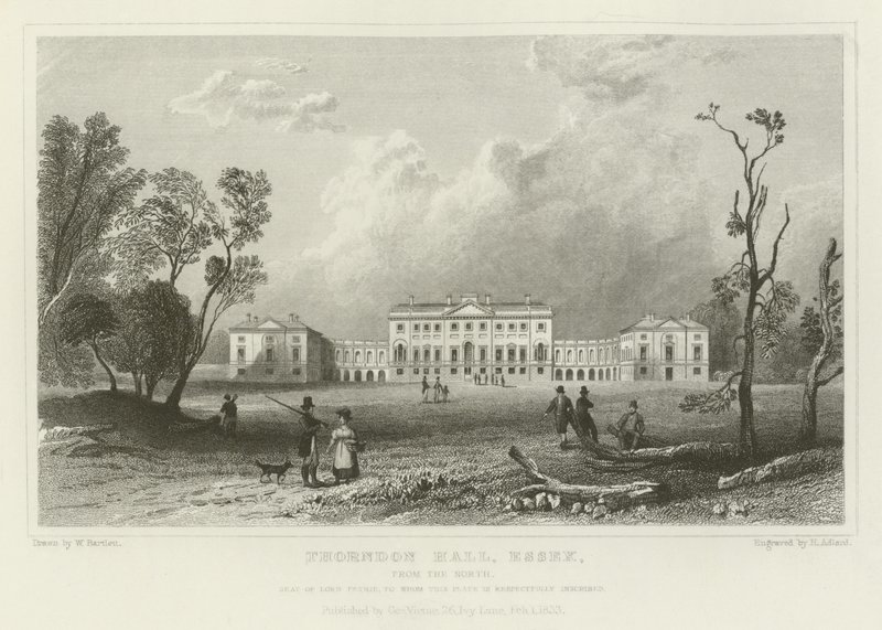 Thorndon Hall, Essex, od północy, siedziba Lorda Petrie autorstwa William Henry Bartlett