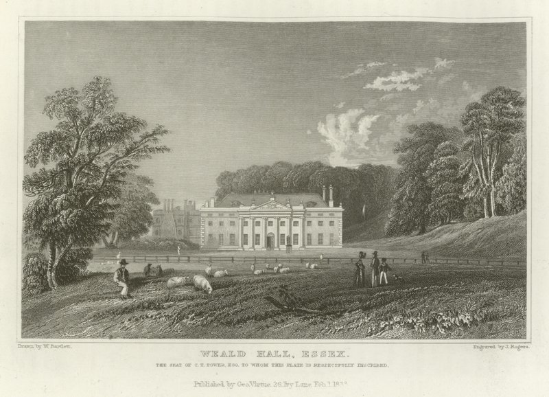 Weald Hall, Essex, siedziba CT Tower, Esquire autorstwa William Henry Bartlett