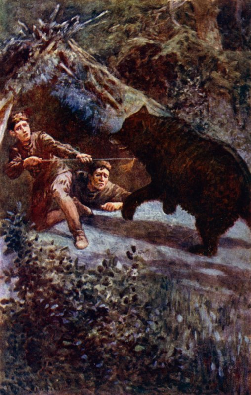 „Wbiłem włócznię z całej siły w klatkę piersiową niedźwiedzia” (kolor lito) autorstwa William Henry Charles Groome