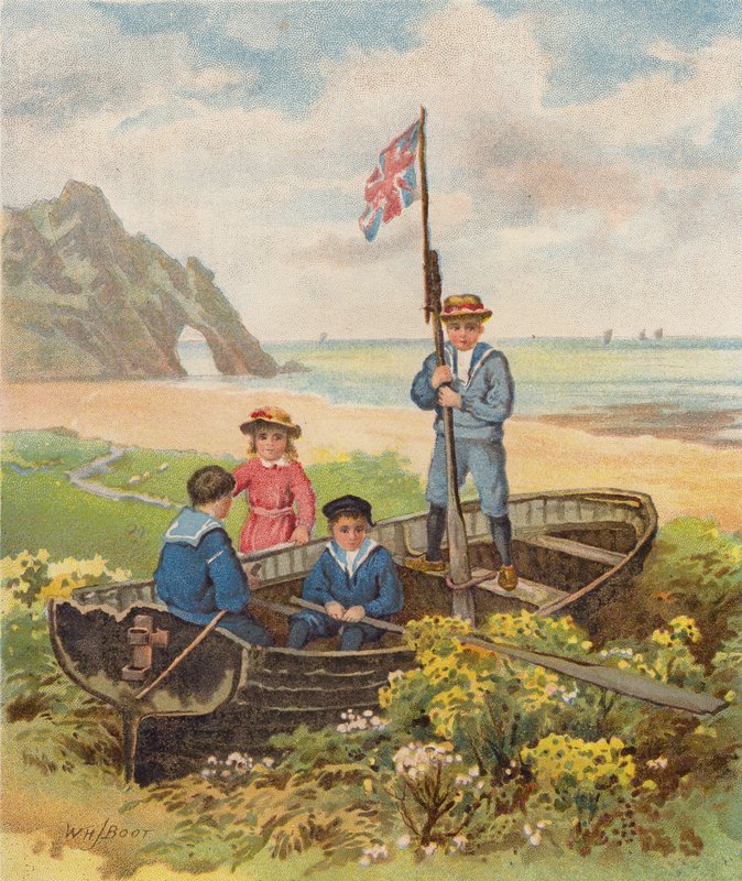Dzieci bawiące się w łodzi na plaży (chromolitho) autorstwa William Henry James (after) Boot