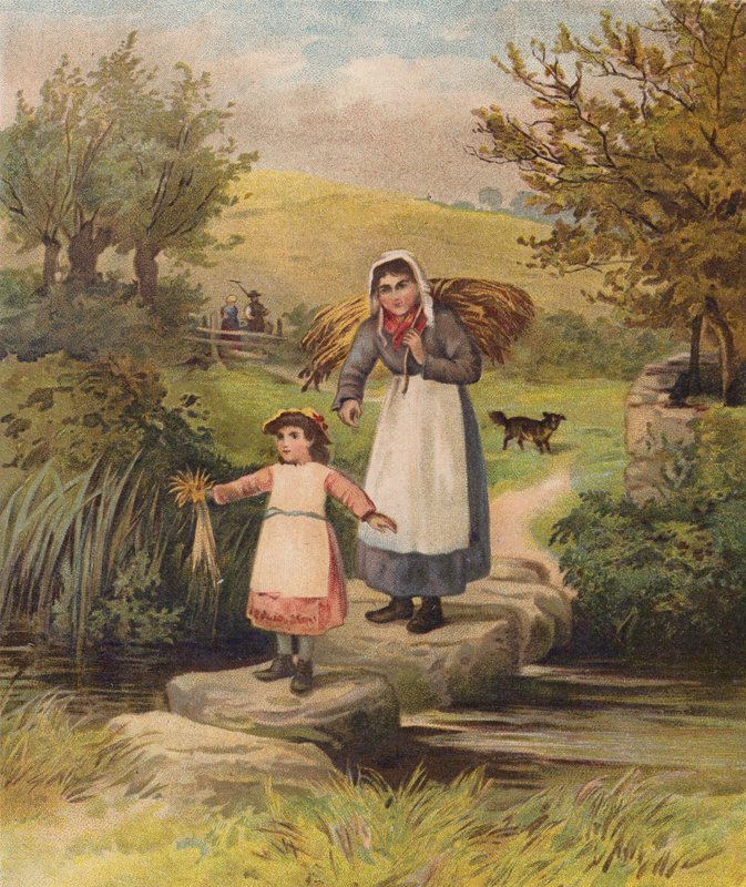Kobieta i dziewczynka przechodzące przez strumień po kamieniach (chromolitho) autorstwa William Henry James (after) Boot
