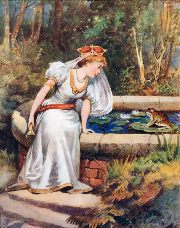 - Nie płacz, droga księżniczko - powiedziała Żaba. „Mogę odzyskać dla ciebie piłkę” autorstwa William Henry Margetson