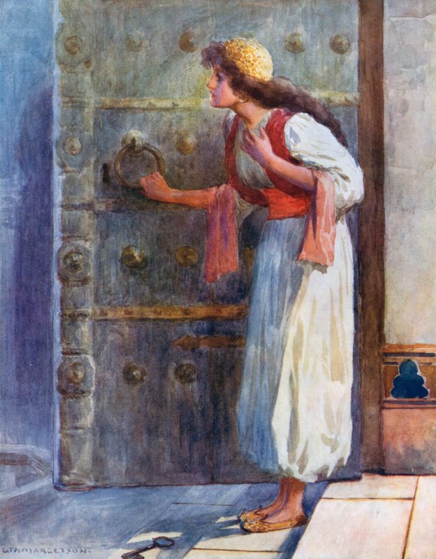 Trzęsąc się ze strachu upuściła magiczny klucz na podłogę autorstwa William Henry Margetson