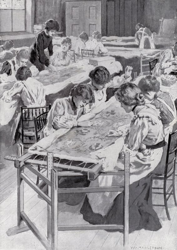 Uczniowie Królewskiej Szkoły Sztuk Pięknych Haftowanie Królewskiej Szaty Koronacyjnej autorstwa William Henry Margetson