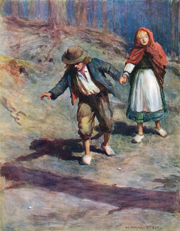 Z łatwością odnaleźli drogę do domu, bo księżyc jasno świecił na kamyczkach, które Jaś upuścił po drodze autorstwa William Henry Margetson