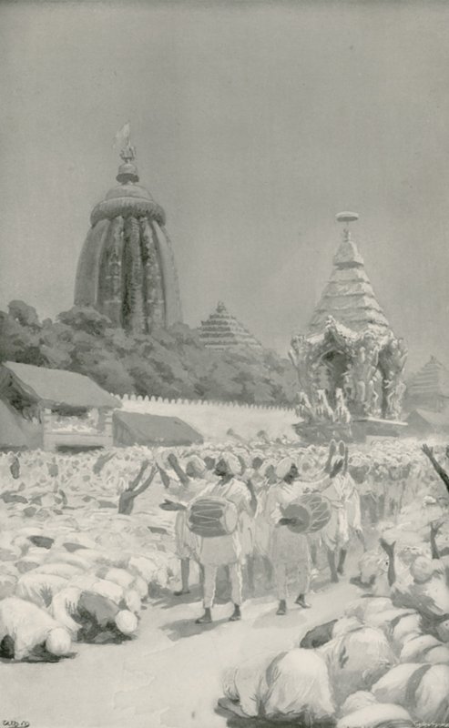 Wierni kłaniają się przed słynnym samochodem podczas święta Jagannath autorstwa William Henry Margetson