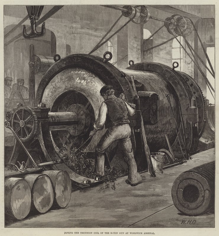 Wytaczanie cewki czopowej 81-tonowego pistoletu w Woolwich Arsenal autorstwa William Heysham Overend