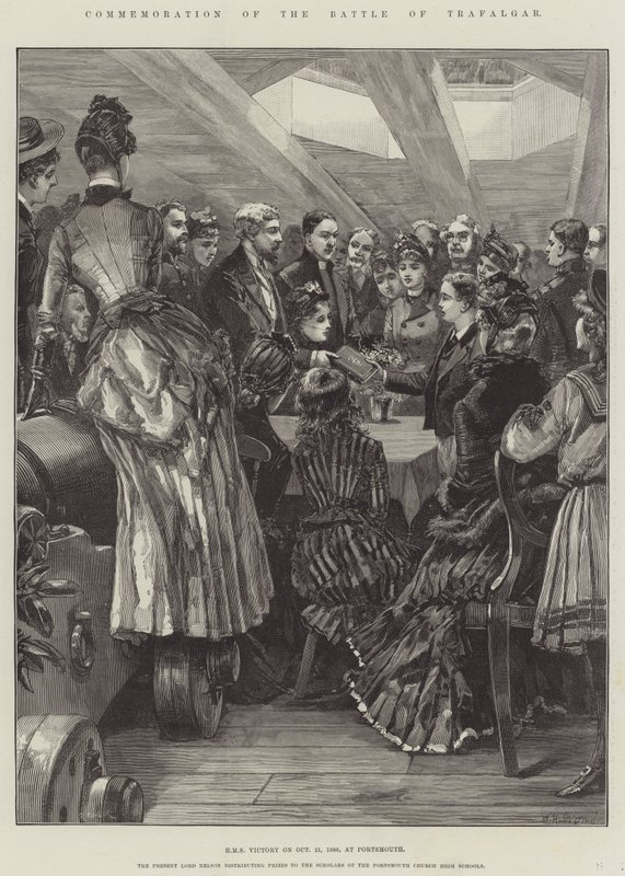 Upamiętnienie bitwy pod Trafalgarem, HMS Victory w dniu 21 października 1886 r. w Portsmouth autorstwa William Heysham Overend