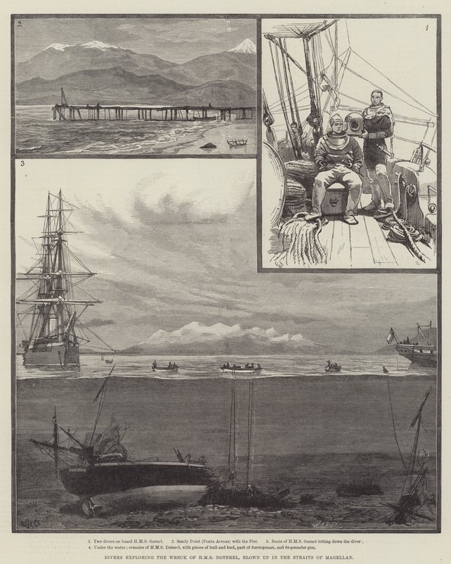 Nurkowie badający wrak HMS Doterel, wysadzony w Cieśninie Magellana autorstwa William Heysham Overend