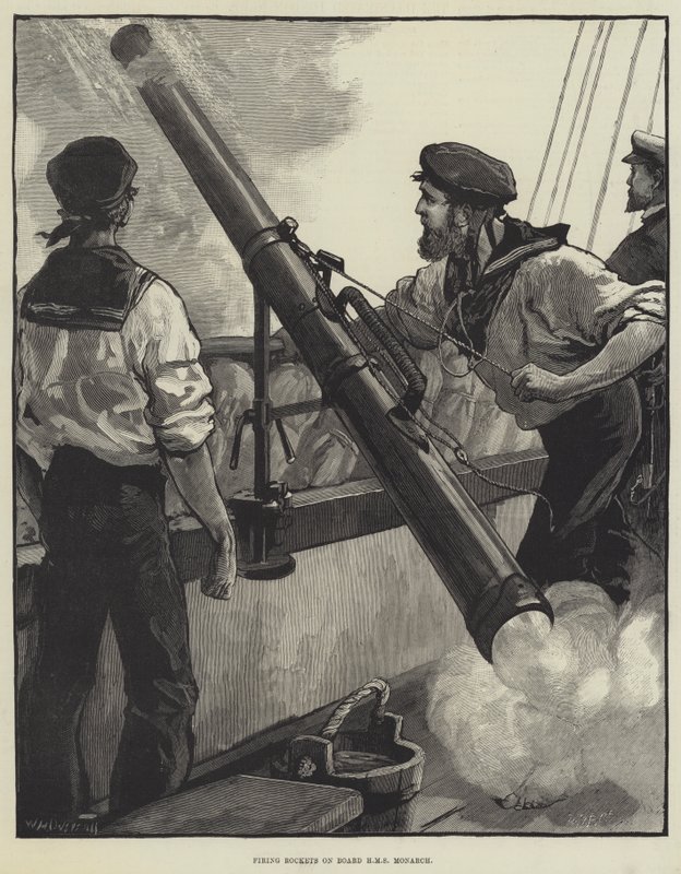 Wystrzeliwanie rakiet na pokładzie HMS Monarch autorstwa William Heysham Overend