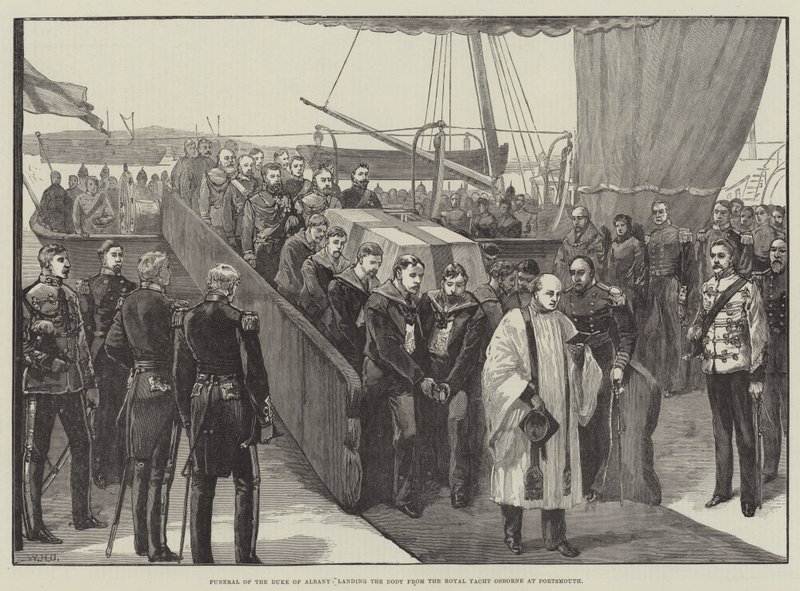 Pogrzeb księcia Albany, lądowanie ciała z królewskiego jachtu Osborne w Portsmouth autorstwa William Heysham Overend