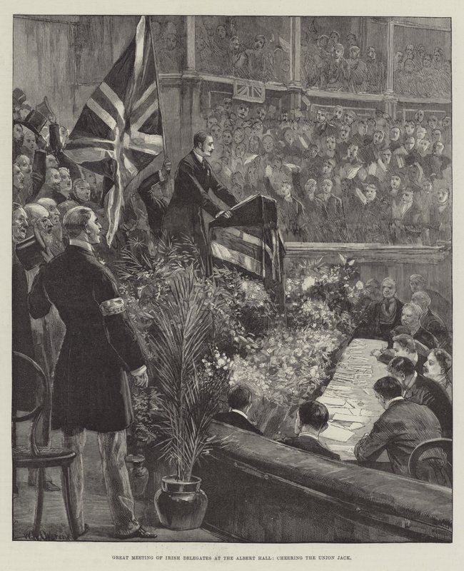 Wielkie Spotkanie Delegatów Irlandzkich w Albert Hall, dopingujące Union Jack autorstwa William Heysham Overend