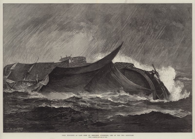 HMS Eurydice jako ostatni raz widziany przez Benjamina Cuddiforda, jednego z dwóch ocalałych autorstwa William Heysham Overend