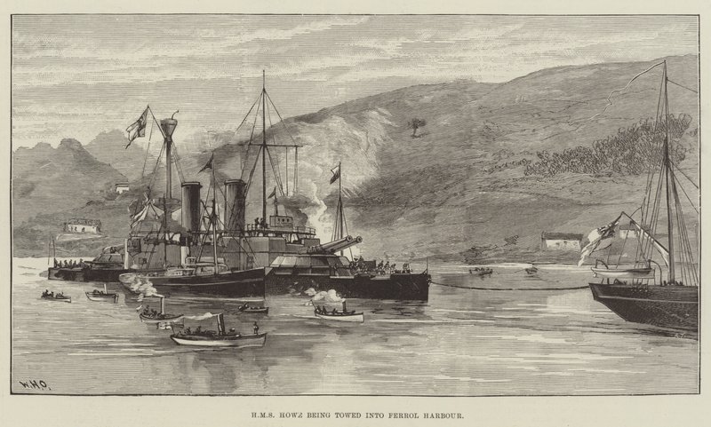 HMS Howe holowany do portu Ferrol autorstwa William Heysham Overend