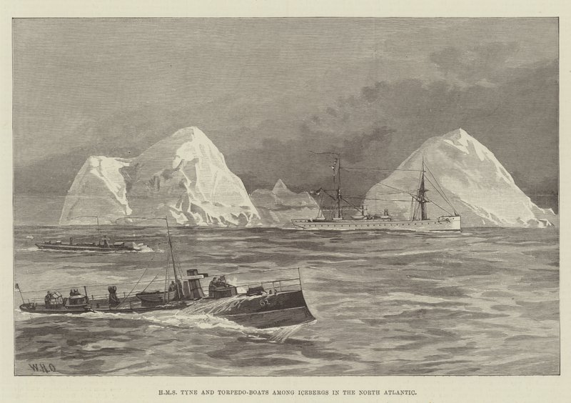 HMS Tyne i łodzie torpedowe wśród gór lodowych na Północnym Atlantyku autorstwa William Heysham Overend