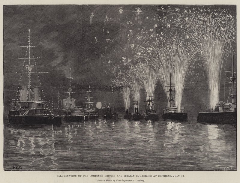 Iluminacja połączonych eskadr brytyjskich i włoskich w Spithead, 12 lipca autorstwa William Heysham Overend