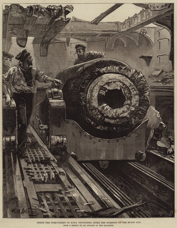Wnętrze przedwieżyczki HMS Thunderer po wybuchu 38-tonowego działa autorstwa William Heysham Overend