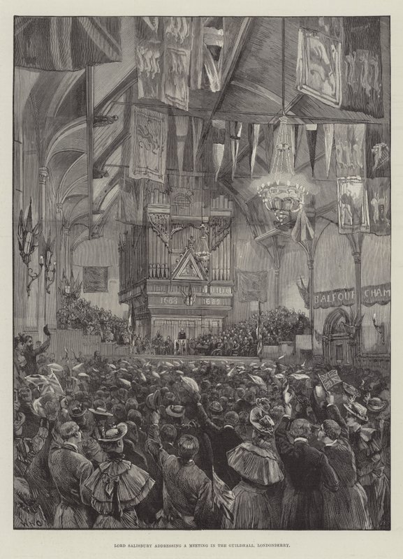 Lord Salisbury przemawia na spotkaniu w Guildhall, Londonderry autorstwa William Heysham Overend