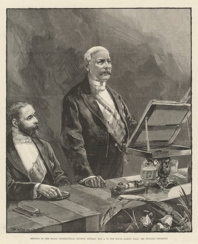 Spotkanie Królewskiego Towarzystwa Geograficznego, poniedziałek, 5 maja, w Royal Albert Hall, przemawia pan Stanley autorstwa William Heysham Overend