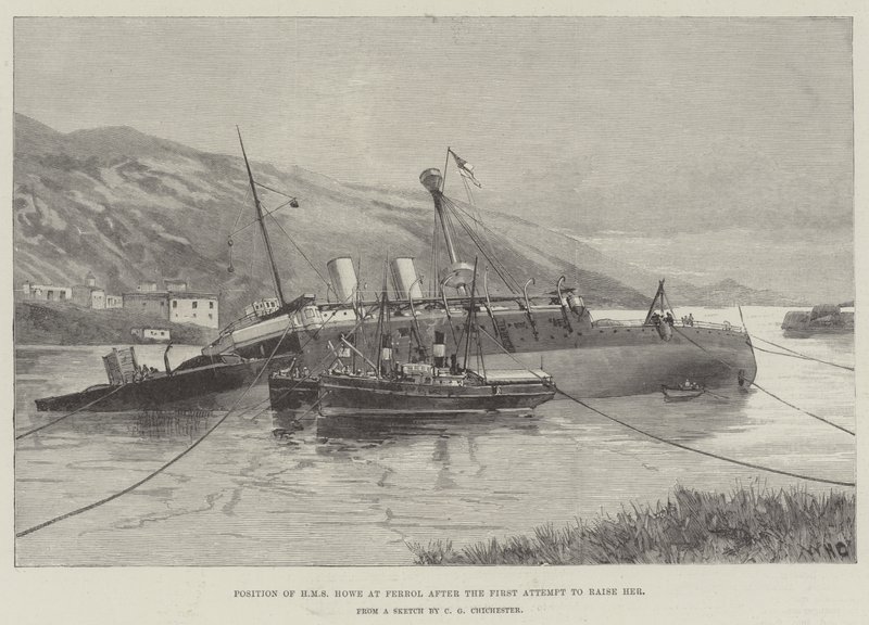 Pozycja HMS Howe w Ferrol po pierwszej próbie wynurzenia autorstwa William Heysham Overend