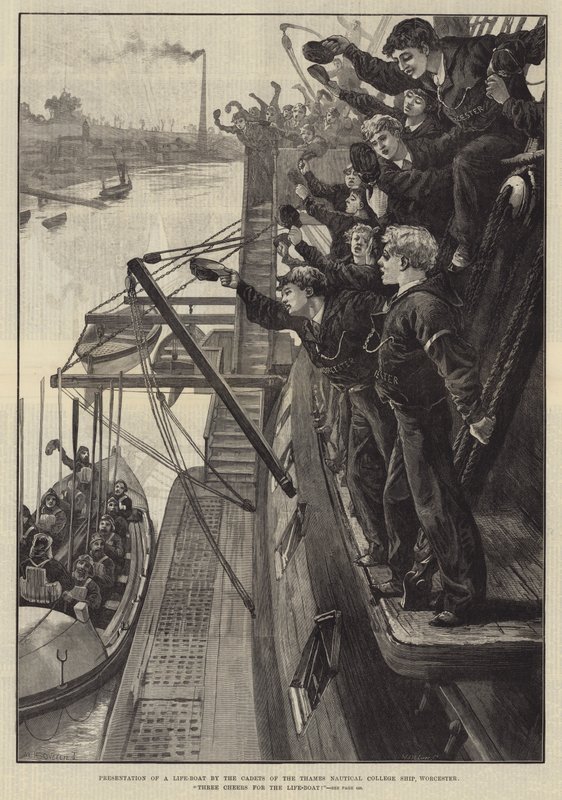 Prezentacja łodzi ratunkowej przez kadetów z okrętu Thames Nautical College, Worcester, Trzy wiwaty dla łodzi ratunkowej! autorstwa William Heysham Overend