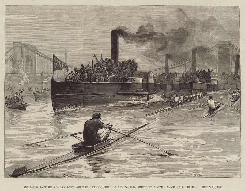 Wyścig czaszowy w poniedziałek ostatni o mistrzostwo świata, naszkicowany nad Hammersmith Bridge autorstwa William Heysham Overend