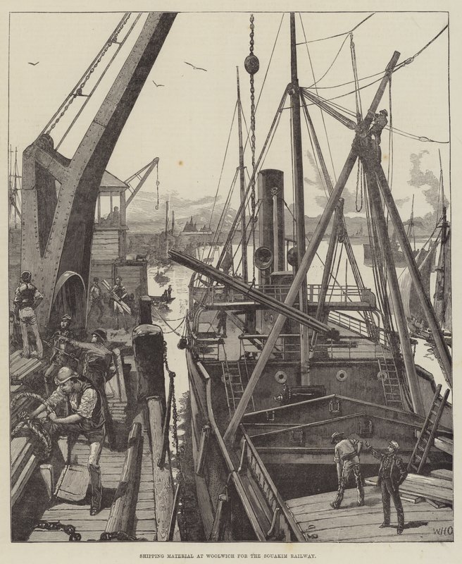 Materiały wysyłkowe w Woolwich dla kolei Souakim autorstwa William Heysham Overend