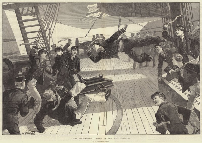 Zarzuć małpę! Szkic na pokładzie HMS Inconsant autorstwa William Heysham Overend