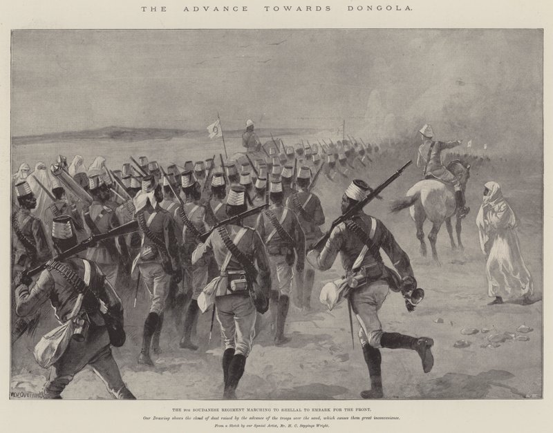 Natarcie na Dongolę, 9. Pułk Sudanu maszerujący na Shellal, by wyruszyć na front autorstwa William Heysham Overend