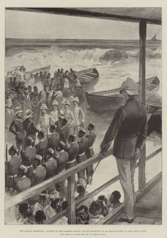 Ekspedycja Ashanti, lądowanie kontradmirała Rawsona i jego przyjęcie przez Sir Francisa Scotta w Cape Coast Castle autorstwa William Heysham Overend