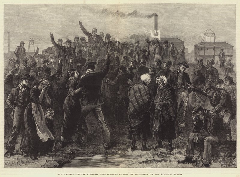 Eksplozja w Blantyre Colliery, niedaleko Glasgow, wezwanie dla ochotników do ekip poszukiwawczych autorstwa William Heysham Overend