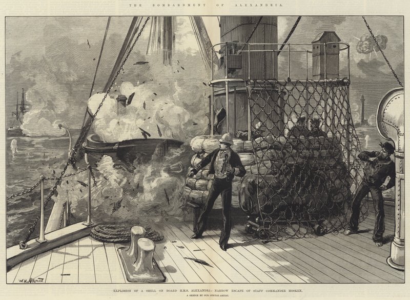 Bombardowanie Aleksandrii, eksplozja pocisku na pokładzie HMS Alexandria, wąska ucieczka dowódcy sztabu Hosken autorstwa William Heysham Overend