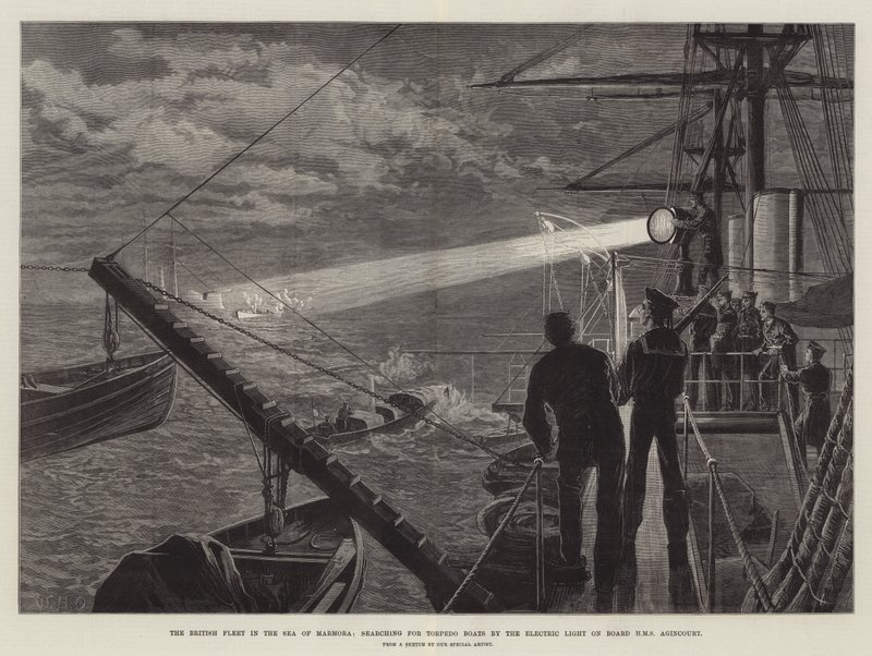 Brytyjska flota na Morzu Marmora w poszukiwaniu łodzi torpedowych przy elektrycznym świetle na pokładzie HMS Agincourt autorstwa William Heysham Overend