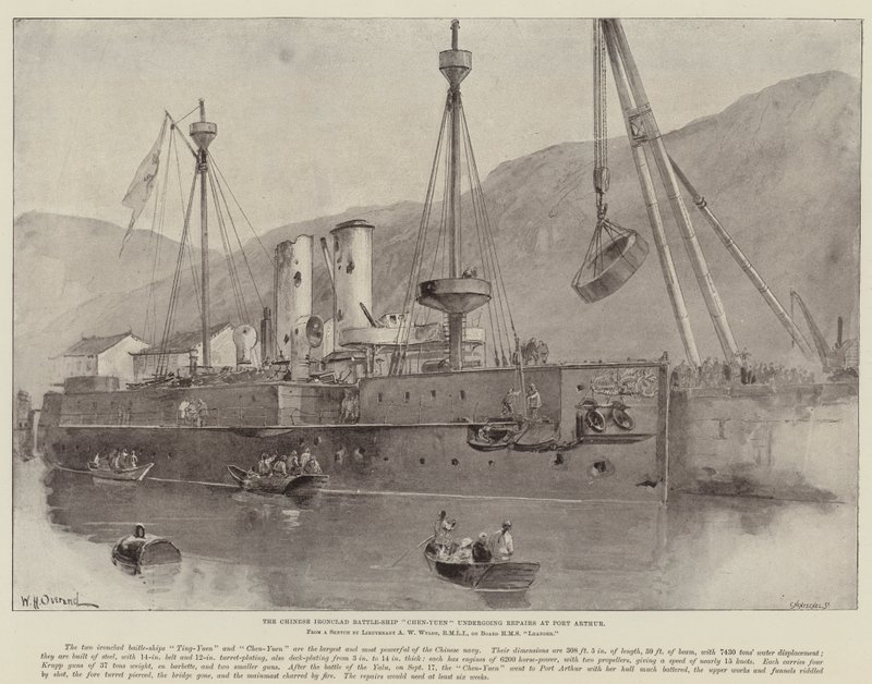 Chiński pancernik Chen-Yuen poddawany naprawie w Port Arthur autorstwa William Heysham Overend